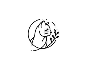 Minimalist Cat line art logo design icon vector illustration. Animal logotype concept. Outline cat logo.