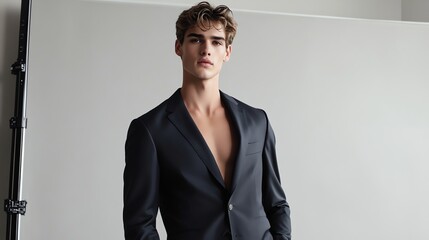 A man wearing a black suit and no shirt stands against a white backdrop.