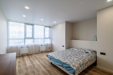 interior room apartment bedroom with bed, cozy place to sleep and relax