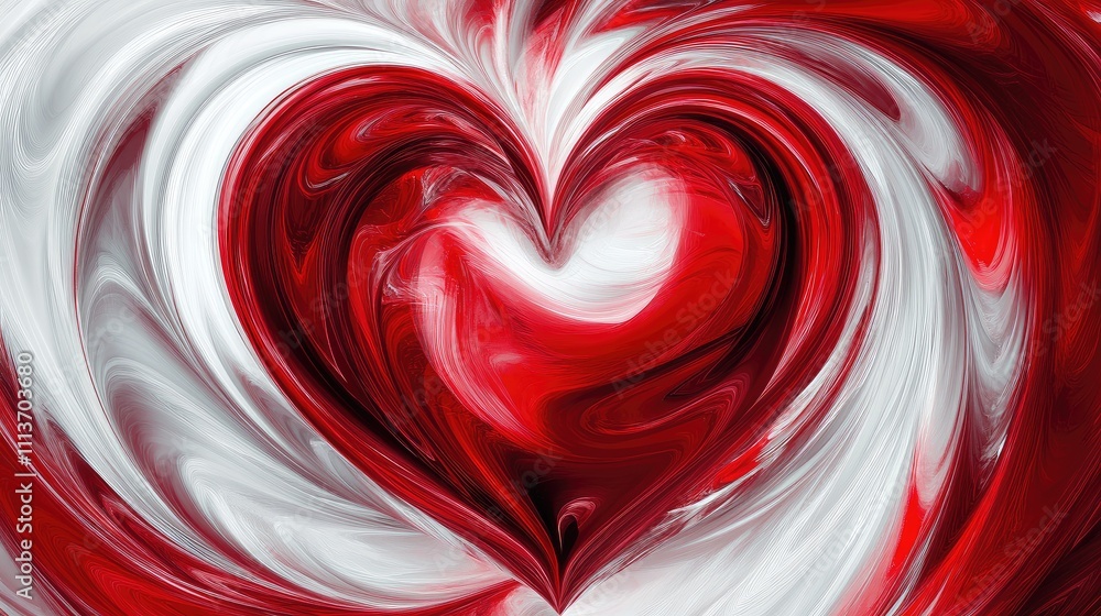 Poster abstract red and white swirls forming a heart pattern with copy space in the center.