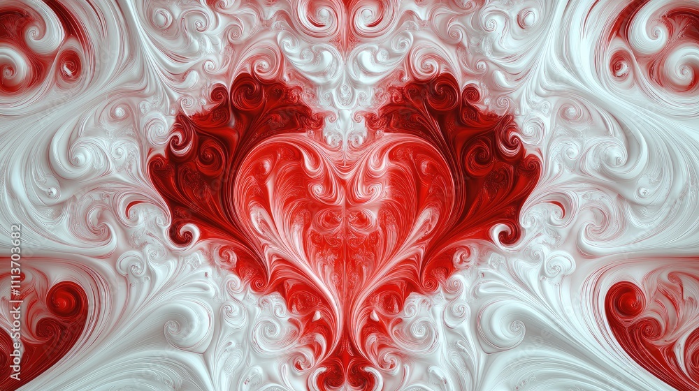 Poster abstract red and white swirls forming a heart pattern with copy space in the center.