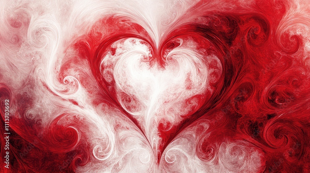 Poster abstract red and white swirls forming a heart pattern with copy space in the center.