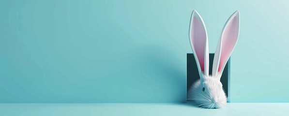 White rabbit ears sticking out of a hole on a blue