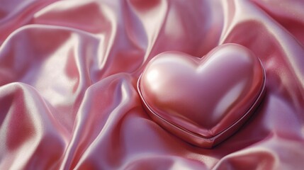 Close-up of a heart-shaped candy box on a pink satin background with room for Valentine text