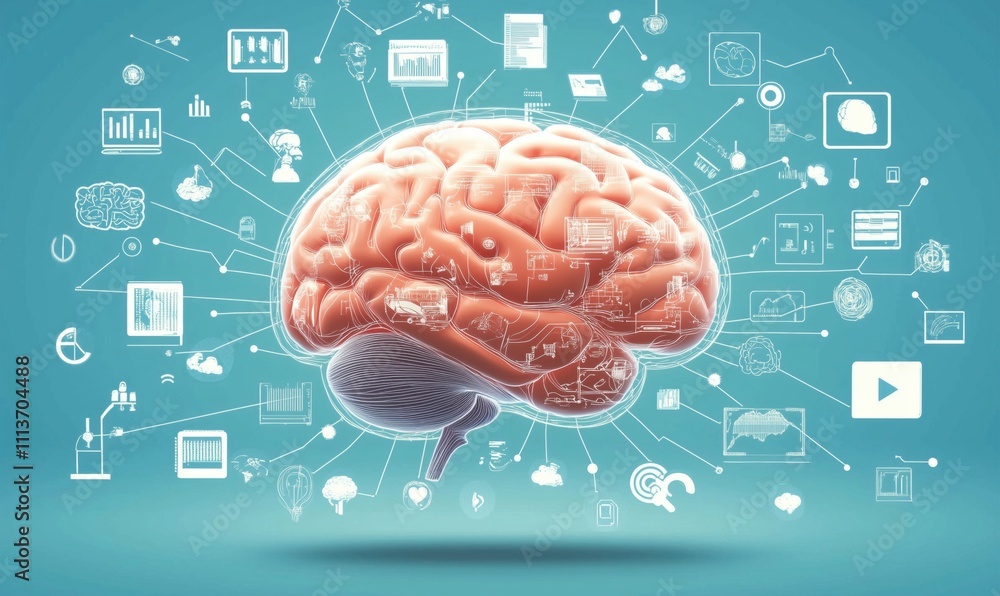 Poster Brain with digital connections and icons representing technology, data, and intelligence. Visual representation of cognitive processes and information flow.