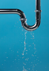 Leaking water from chromium stainless steel pipe under sink. Drain leak water from pipe plumbing in bathroom as water clogged drop. Blue bathroom background isolated