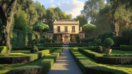 Elegant French Villa Surrounded by Manicured Gardens with Impressionist Style