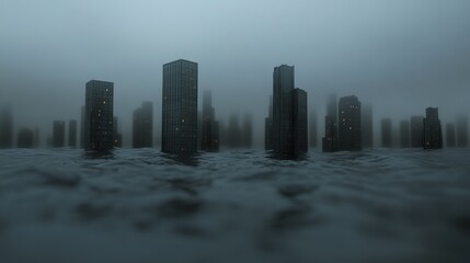 A city skyline emerges from the water, shrouded in fog, creating an eerie and apocalyptic atmosphere.