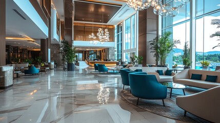 Modern hotel lobby with large windows, white sofas, and blue armchairs.