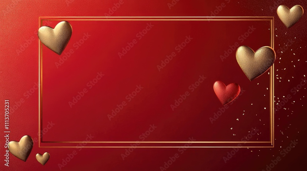 Poster elegant gold frame on a red background with subtle hearts and plenty of room for text