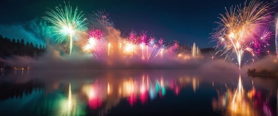 A vibrant display of New Years Eve fireworks over a calm lake reflecting the colorful lights