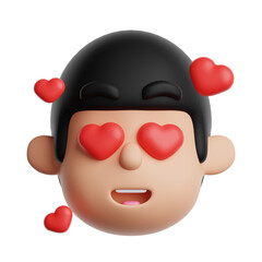 3d fall in love emoji icon. Valentine's day emoticons. Cartoon boy with heart emoticon isolated on a transparent background