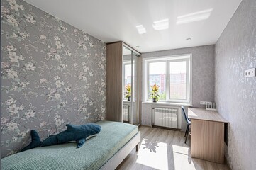 interior room apartment bedroom with bed, cozy place to sleep and relax