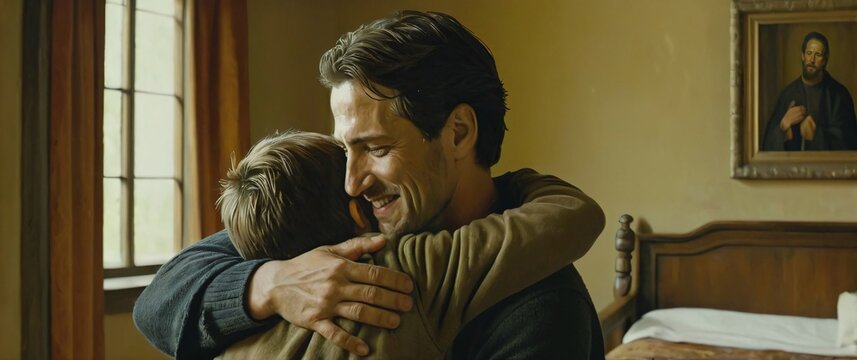 A warmtoned oil painting of the Prodigal Sons return with detailed expressions of forgiveness and joy as the father embraces his child