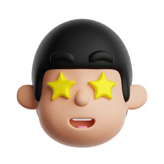 3d starry eyed amazed emoji icon. Cartoon boy with star shaped eyes emoticon isolated on transparent background