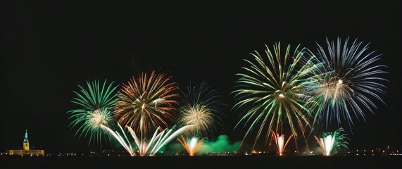 Fototapeta premium An artistic New Years Eve firework explosion with trailing light arcs in various colors set against a black sky