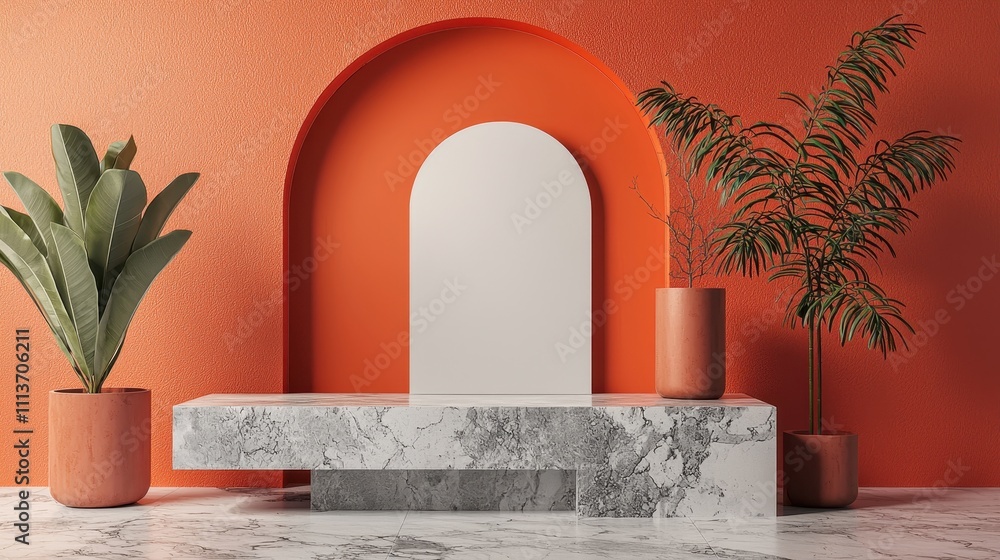 Poster modern minimalist presentation with dimensional elements in vibrant indoor setting