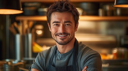 Obraz premium Smiling Asian Middle-Aged Man in Apron Standing in Modern Kitchen
