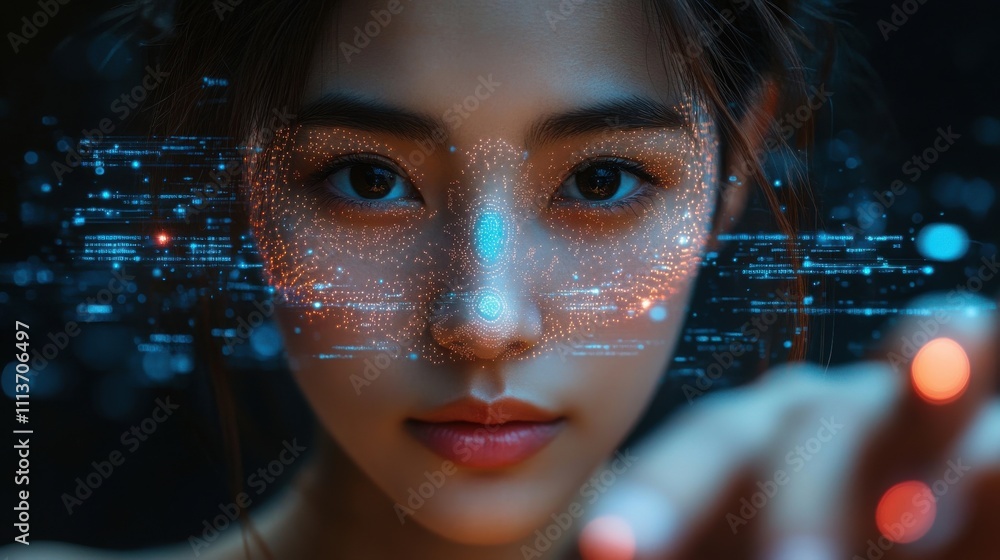 Poster biometrics security system woman using fingerprint identification to access personal financial data 