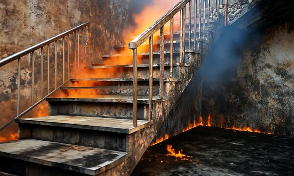 A burned staircase in a charred environment, hinting at a fire's aftermath.