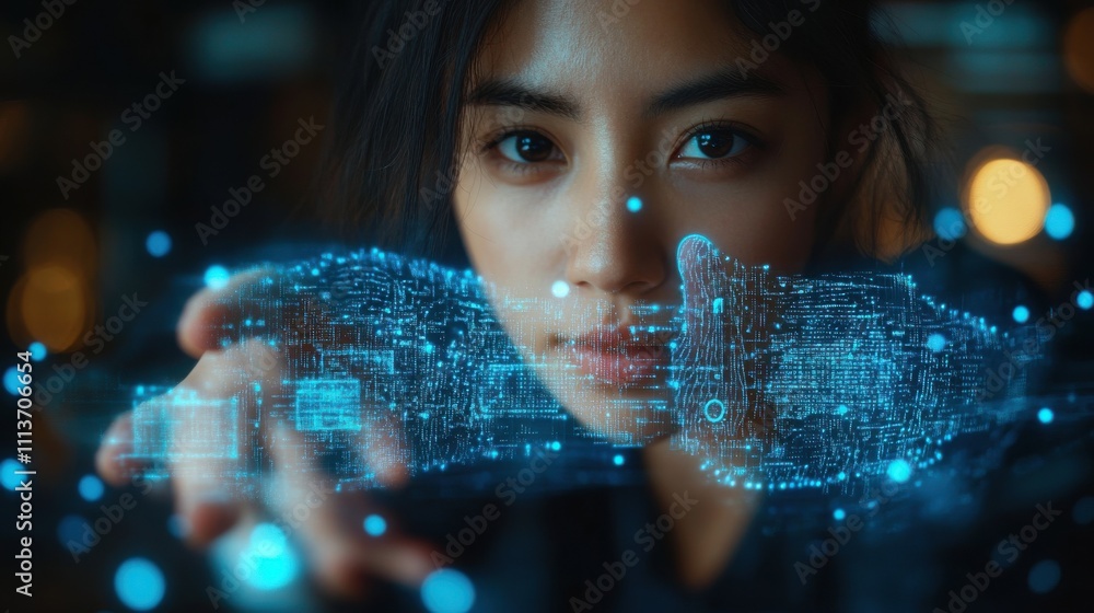 Poster biometrics security system woman using fingerprint identification to access personal financial data 