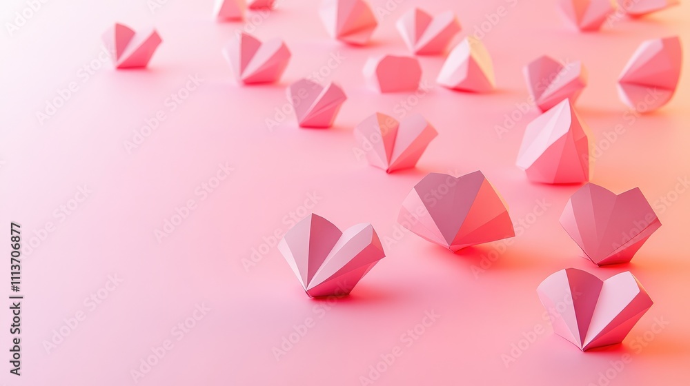 Poster gradient pastel pink background with 3d paper hearts and subtle bokeh effects for valentine copy spa