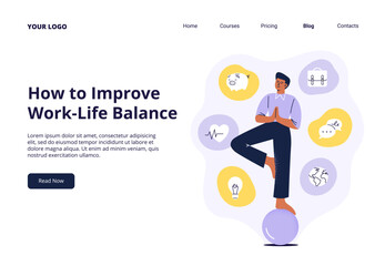 A young man balances on a ball. Balanced and wellness life concept. Flat vector illustration isolated on a white background.