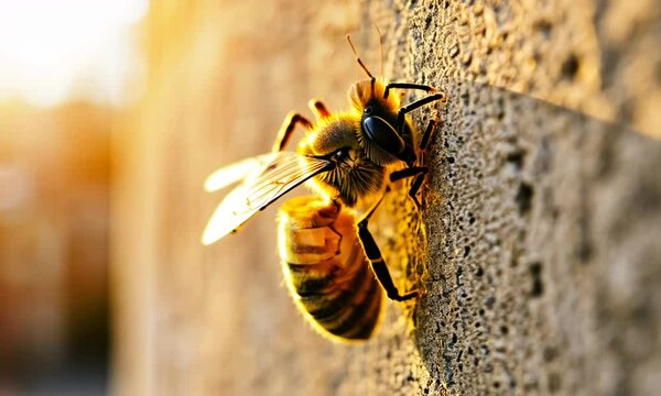 A close-up of a bee on a textured surface, illuminated by warm sunlight.