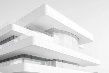 Obraz premium Modern white building with curved balconies and large windows. Ideal for architecture, design, and minimalist concepts.