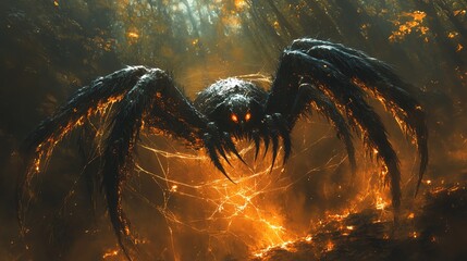 A dramatic spider-hawk creature with eight feathery legs and a sharp beak, resting on a glowing web in a shadowy forest