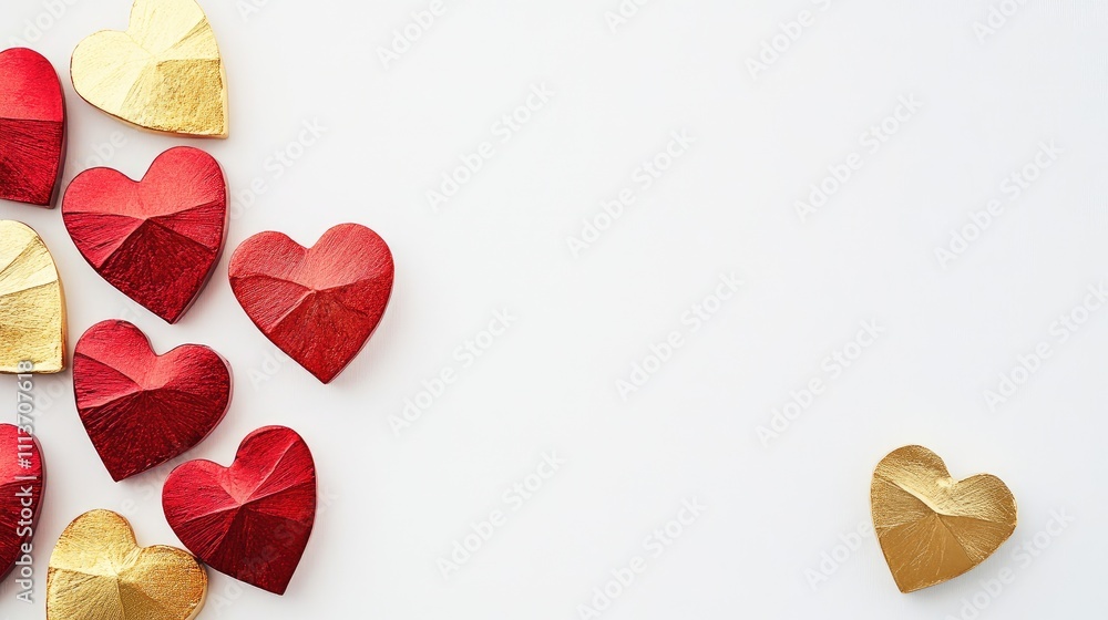 Poster minimal red and gold geometric hearts on a white background with copy space for design