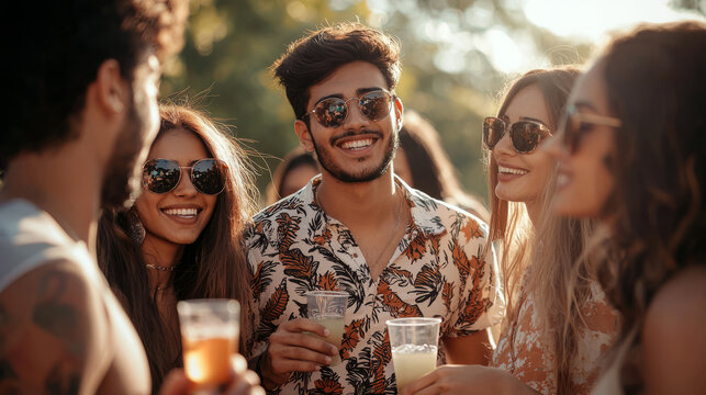 Group of friends enjoying outdoor summer party with drinks