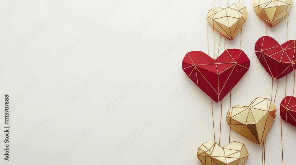 Poster minimal red and gold geometric hearts on a white background with copy space for design