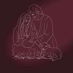Vector freehand Christmas line art scene is an artistic depiction of the Nativity of Christ, including Mary, Joseph and the baby Jesus, highlighted on a white background. Hand drawn of linear style