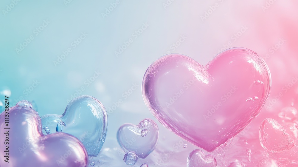 Poster pastel-colored gradient with whimsical heart designs and ample space for text placement
