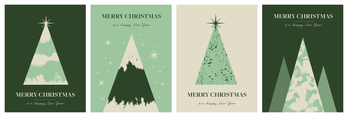 Set of Christmas Cards with Geometric Christmas Trees with Beautiful Ink Texture
