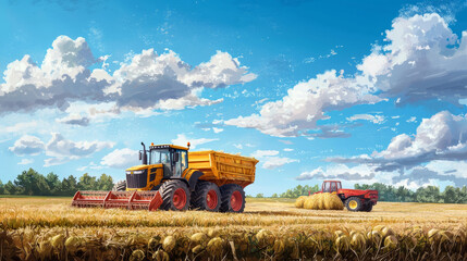 Fototapeta premium Harvesters and tractors working under a bright blue sky