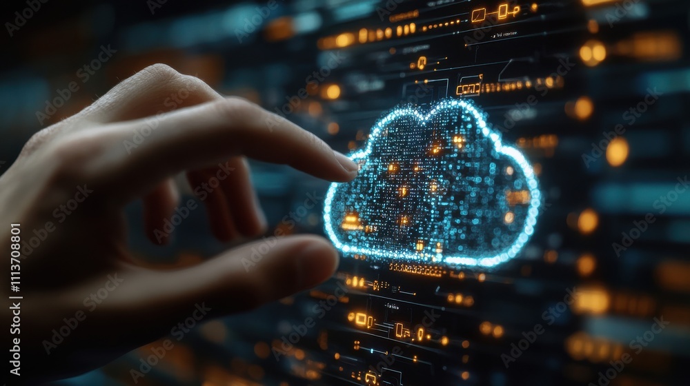 Poster business people touching on diagram cloud technology data storage networking and internet service co