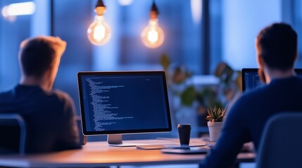 Collaborative software development taking place in a modern office with ambient lighting and computer screens displaying code