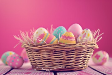 Easter Eggs in a Wicker Basket on Pink Background
