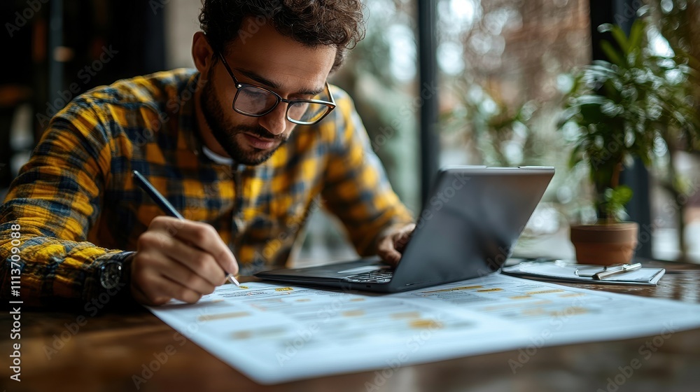 Poster business performance checklist using laptop doing online checklist survey filling out digital form c