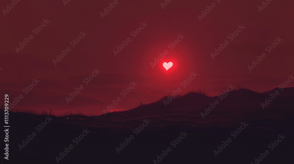 Poster romantic dark red gradient with a single glowing heart in the corner and plenty of negative space