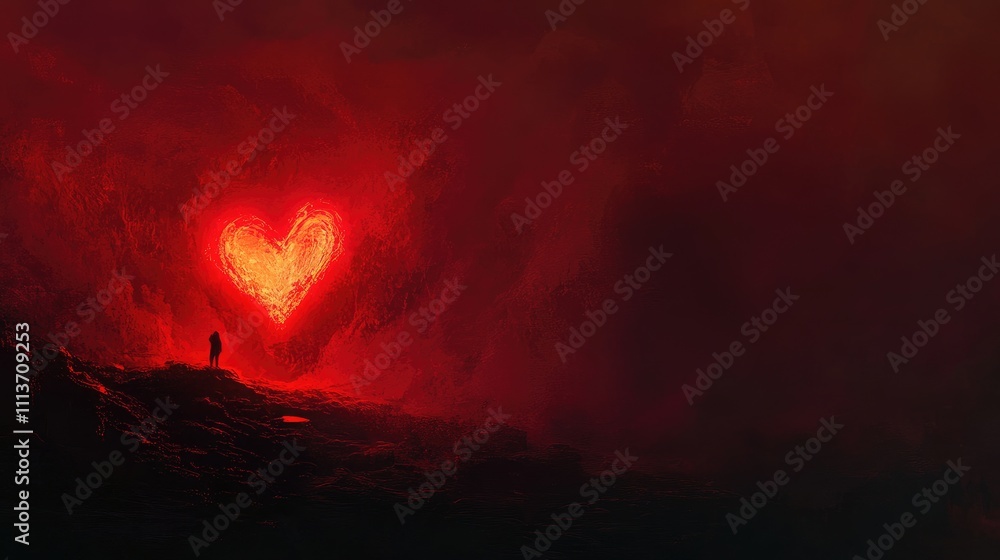 Poster romantic dark red gradient with a single glowing heart in the corner and plenty of negative space