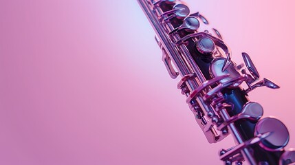 A clarinet displayed against a pale lavender backdrop