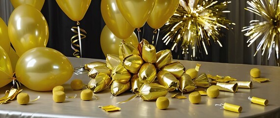 A bunch of golden party balloons drifting above a shiny New Years table with party poppers and crackers