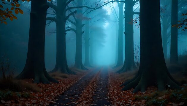 Foggy autumn forest with a path in the middle