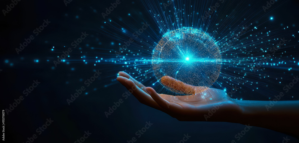 Poster hand holding global digital network sphere representing fast data connectivity and ai technology