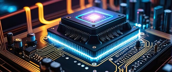 A conceptual AI processor chip embedded in a circuit board with vibrant electric lines