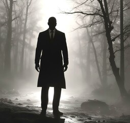Illustration of man in suit silhouette with dramtaic background.