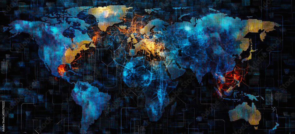 Poster digital global network connectivity with illuminated world map visualization